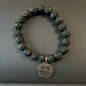 Rustic Cuff Black Beaded Bracelet with Silver Charm